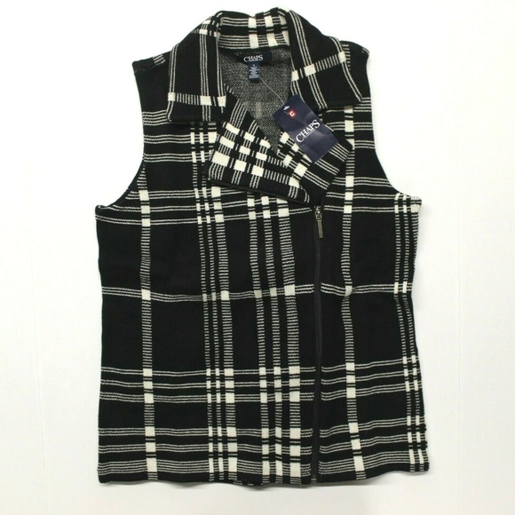 Chaps Jackets & Blazers - Chaps Asymmetrical-Zip Plaid Vest Black Plaid - M